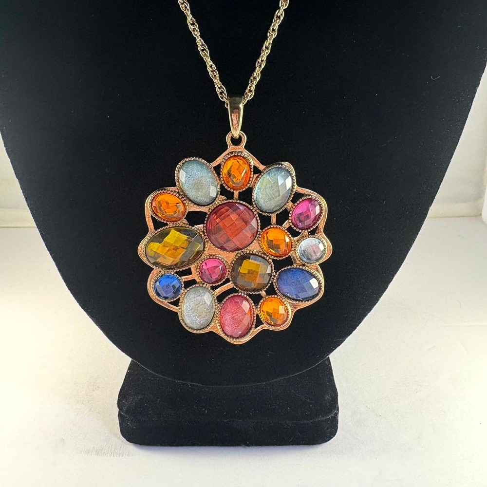 Erica Multigem Flower Pendant Necklace‎ Gold Tone Chain Statement Jewelry